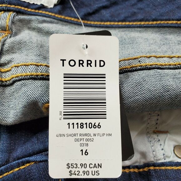 Torrid Women Size 16 Denim Jean Shorts Blue Dark Wash Cuffed Raw Hem Stretch NWT - Picture 6 of 10